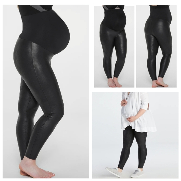 Spanx Mama Maternity Black Faux Leather Leggings Size 1X Vegan Leather Stretchy - Picture 16 of 16